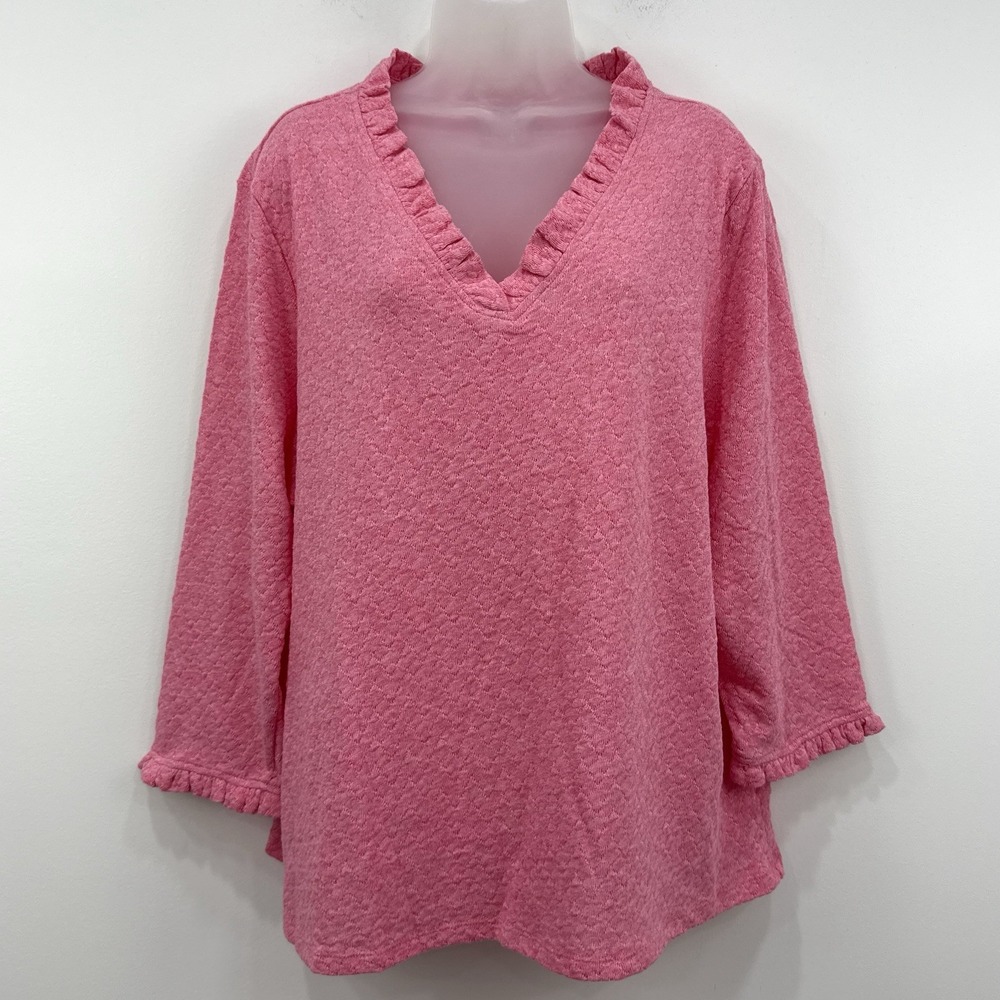 Talbots Pointelle V Neck Sweater Womens 2X Pink NWT Feminine Ruffle Preppy